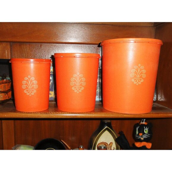 Vintage Orange Tupperware Nesting Canister Set of 3 servalier mcm 1970s storage - Picture 12 of 16